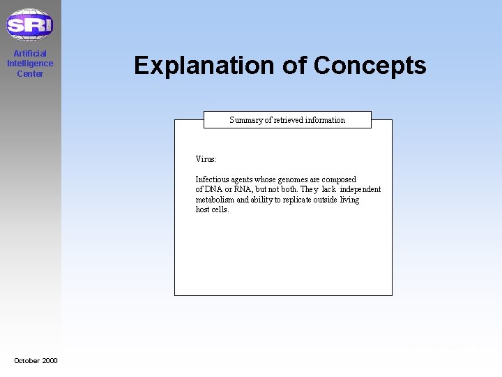 Artificial Intelligence Center Explanation of Concepts Summary of retrieved information Virus: Infectious agents whose