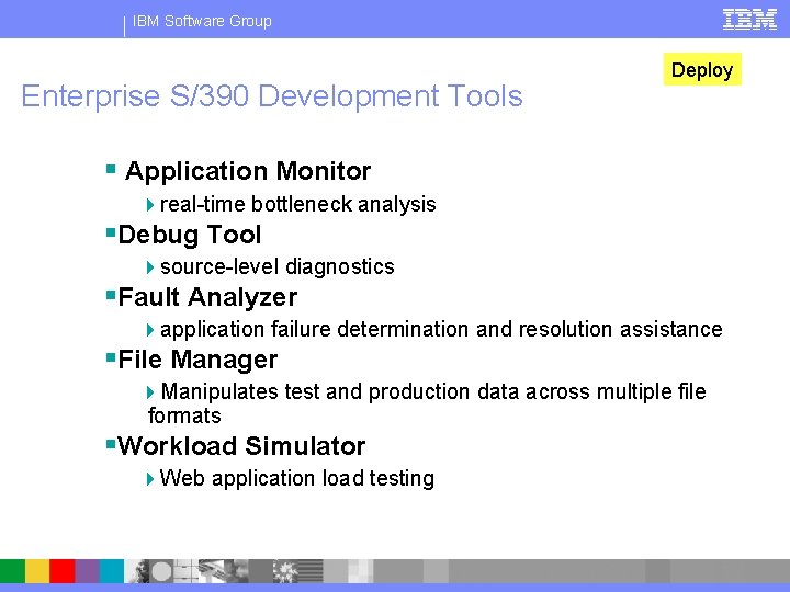 IBM Software Group Enterprise S/390 Development Tools Deploy § Application Monitor 4 real-time bottleneck