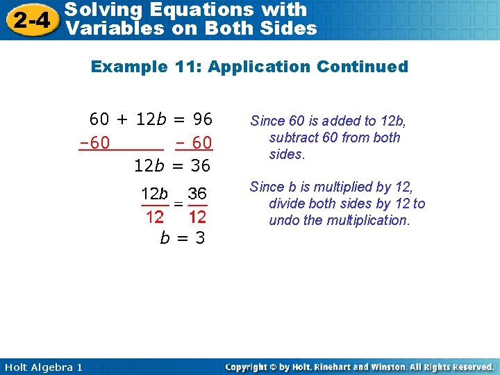Solving Equations with 2 -4 Variables on Both Sides Example 11: Application Continued 60