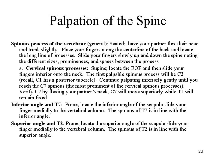 Palpation of the Spinous process of the vertebrae (general): Seated; have your partner flex