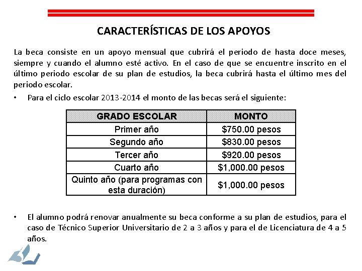 CARACTERÍSTICAS DE LOS APOYOS La beca consiste en un apoyo mensual que cubrirá el