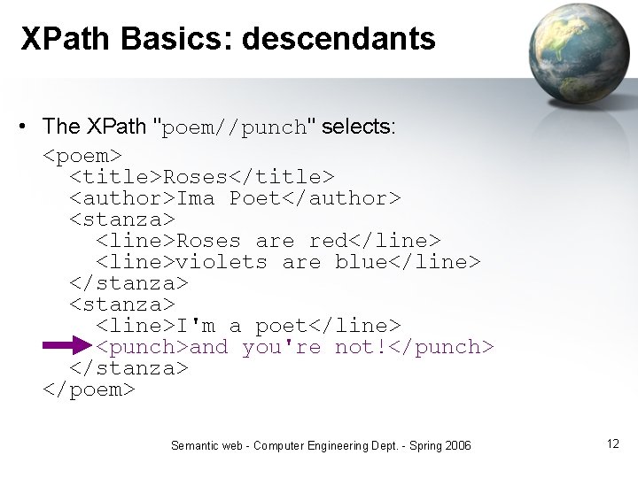 XPath Basics: descendants • The XPath "poem//punch" selects: <poem> <title>Roses</title> <author>Ima Poet</author> <stanza> <line>Roses