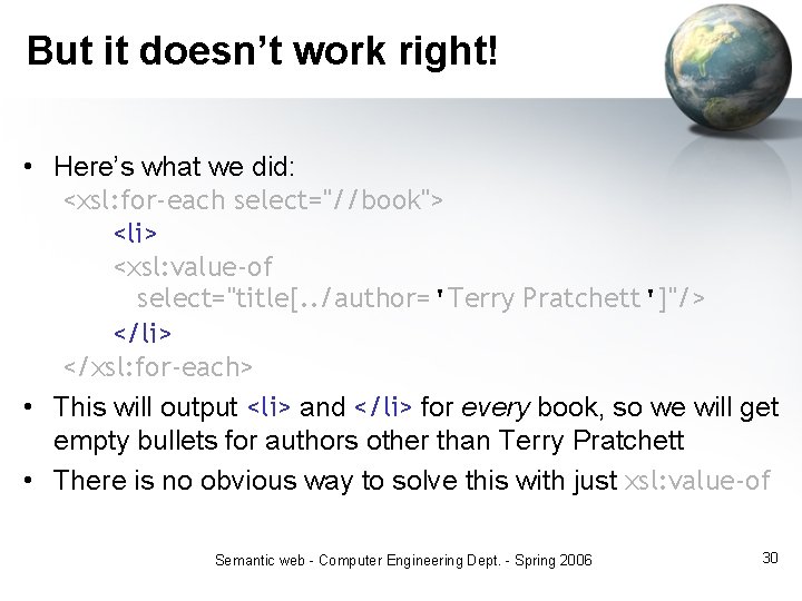 But it doesn’t work right! • Here’s what we did: <xsl: for-each select="//book"> <li>