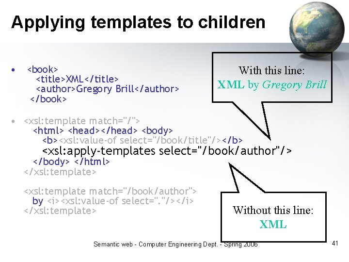 Applying templates to children • <book> <title>XML</title> <author>Gregory Brill</author> </book> With this line: XML