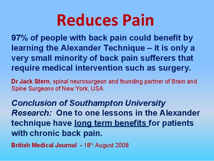Reduces Pain 97% of people with back pain could benefit by learning the Alexander