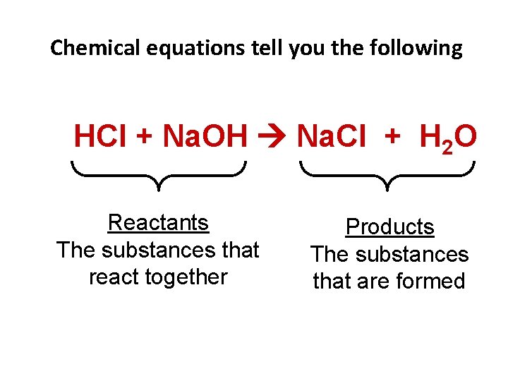 Chemical equations tell you the following HCl + Na. OH Na. Cl + H