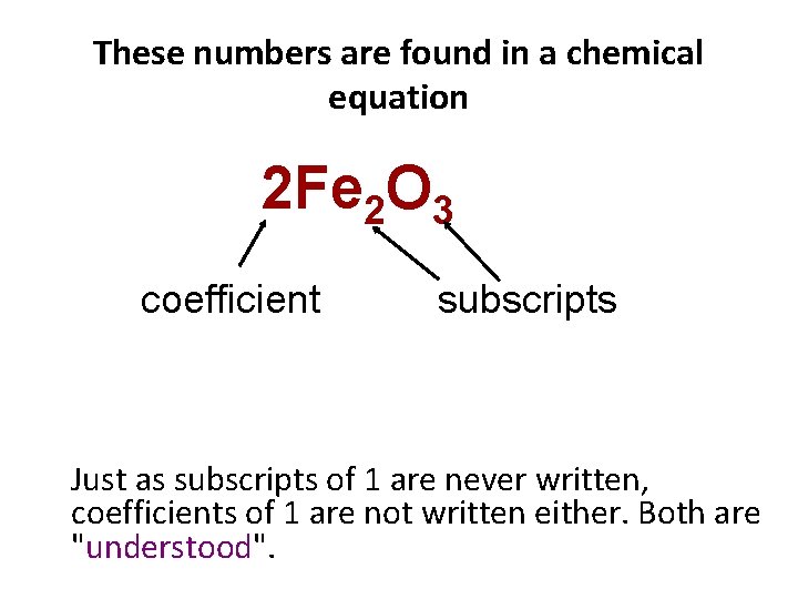 These numbers are found in a chemical equation 2 Fe 2 O 3 coefficient