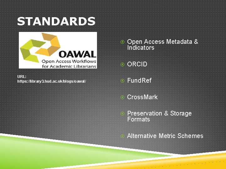 STANDARDS Open Access Metadata & Indicators ORCID URL: https: //library 3. hud. ac. uk/blogs/oawal/