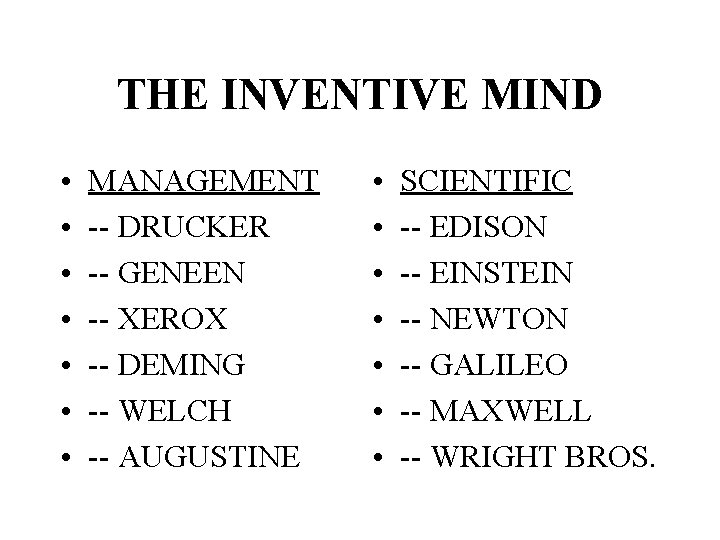 THE INVENTIVE MIND • • MANAGEMENT -- DRUCKER -- GENEEN -- XEROX -- DEMING