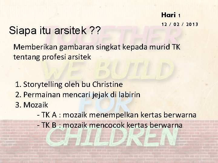 Siapa itu arsitek ? ? Hari 1 12 / 02 / 2013 Memberikan gambaran