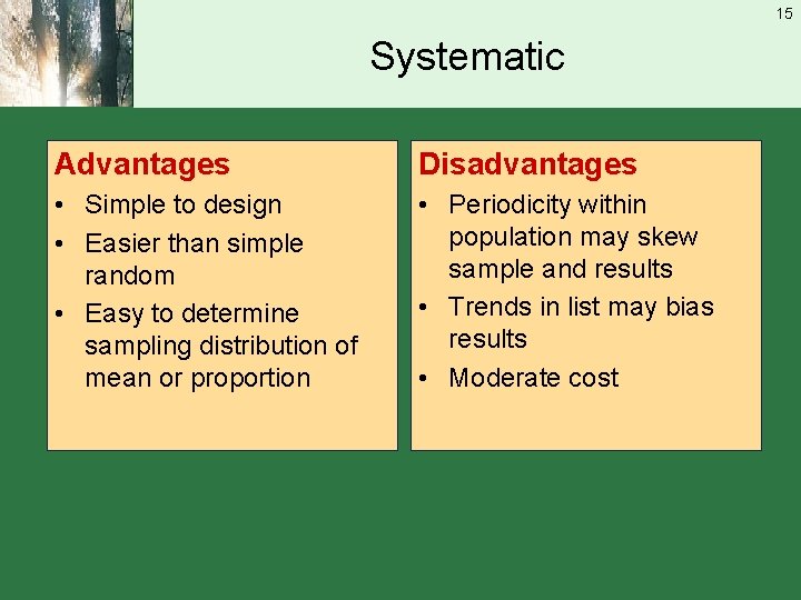15 Systematic Advantages Disadvantages • Simple to design • Easier than simple random •