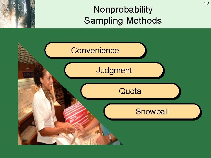 Nonprobability Sampling Methods Convenience Judgment Quota Snowball 22 