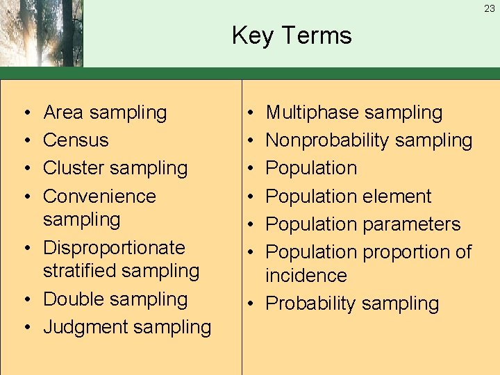 23 Key Terms • • Area sampling Census Cluster sampling Convenience sampling • Disproportionate