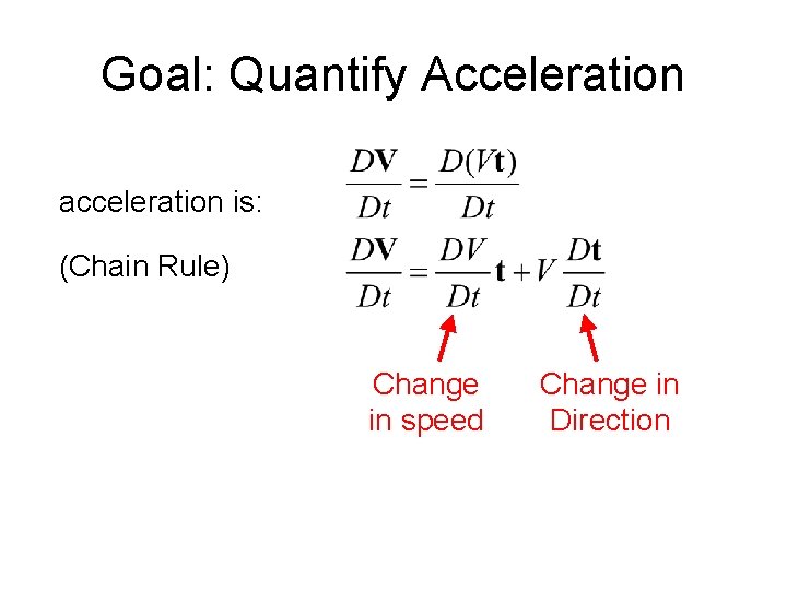 Goal: Quantify Acceleration acceleration is: (Chain Rule) Change in speed Change in Direction 