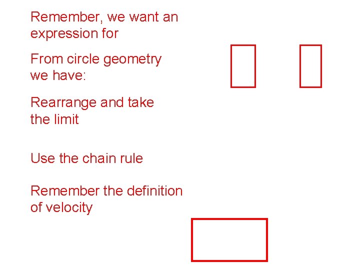 Remember, we want an expression for From circle geometry we have: Rearrange and take