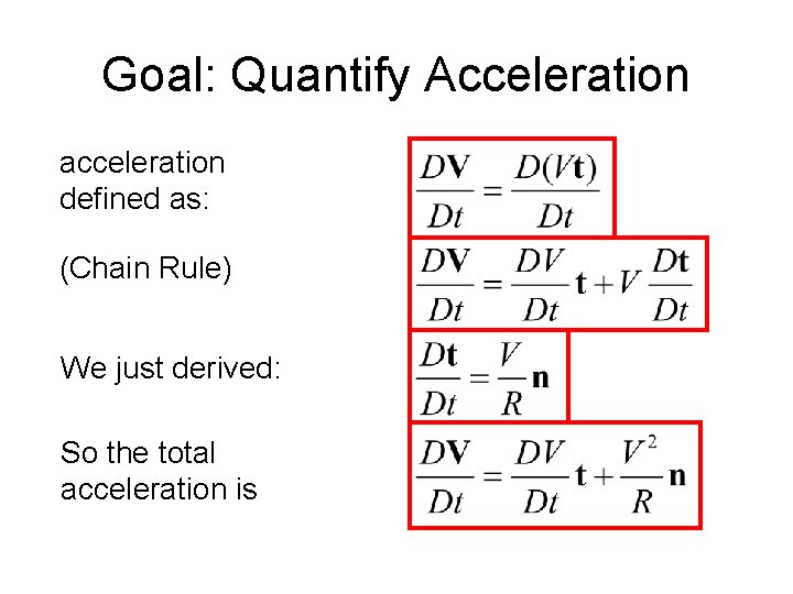 Goal: Quantify Acceleration acceleration defined as: (Chain Rule) We just derived: So the total