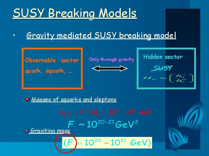 SUSY Breaking Models • Gravity mediated SUSY breaking model Observable sector Only through gravity