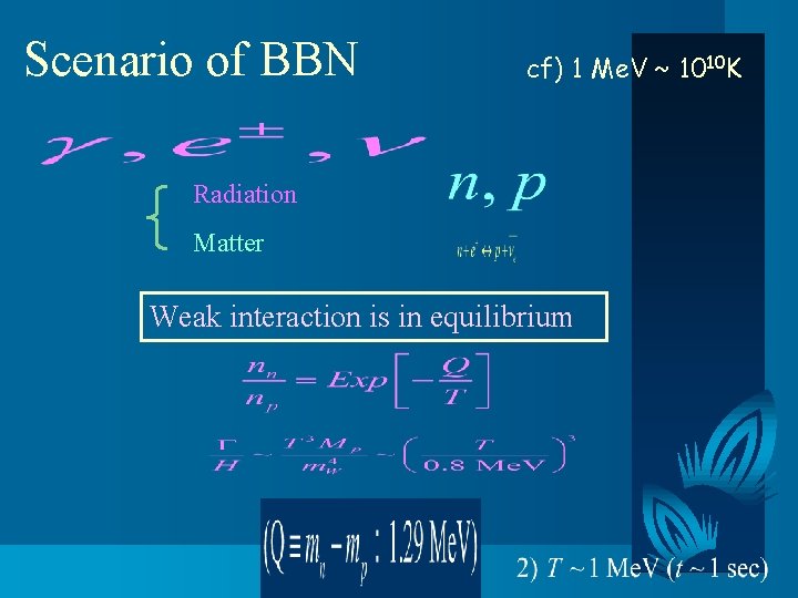 Scenario of BBN cf) 1 Me. V ~ 1010 K Radiation Matter Weak interaction