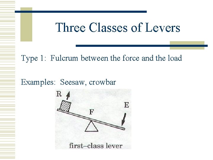 Three Classes of Levers Type 1: Fulcrum between the force and the load Examples: