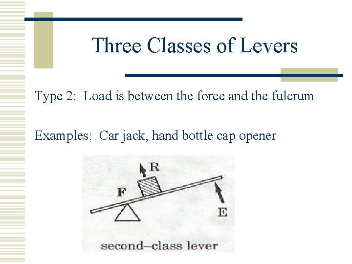 Three Classes of Levers Type 2: Load is between the force and the fulcrum