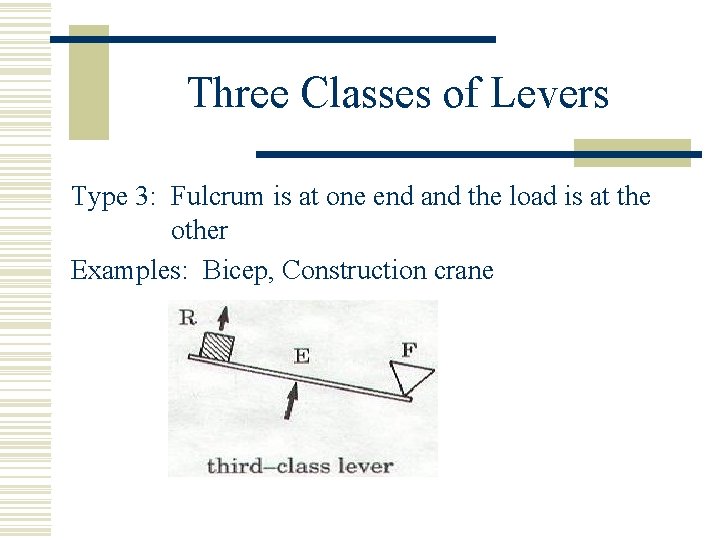 Three Classes of Levers Type 3: Fulcrum is at one end and the load