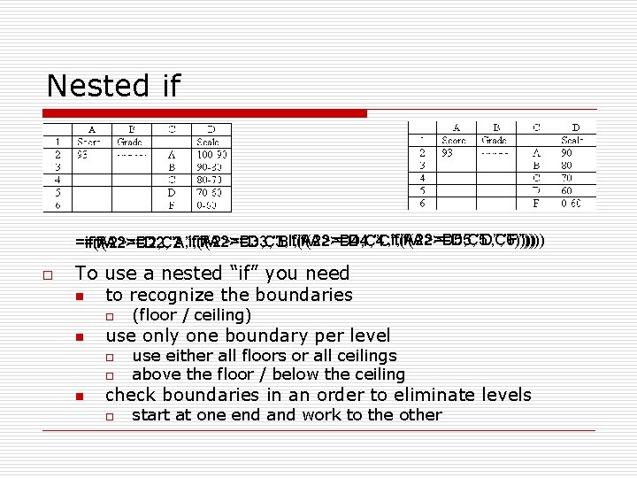 Nested if , if(A 2>=D 5, ”D”, C 6)))) , ”F”)))) , if(A 2>=D