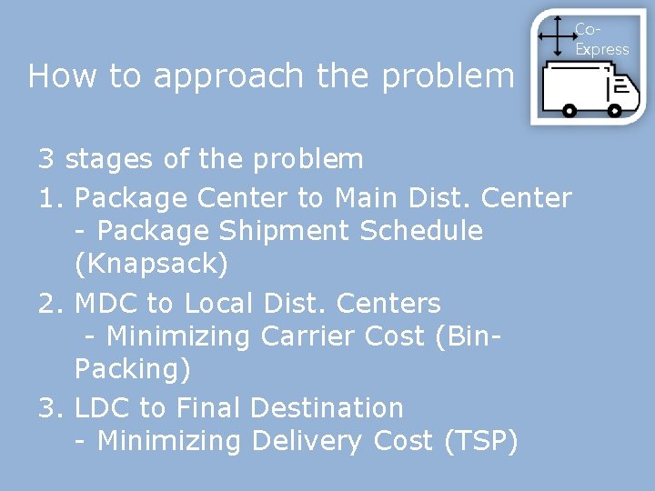 How to approach the problem 3 stages of the problem 1. Package Center to