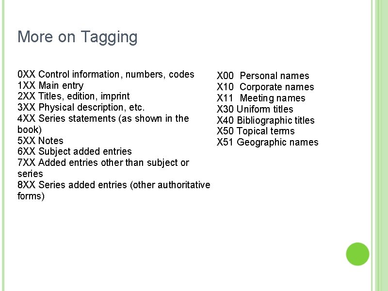 More on Tagging 0 XX Control information, numbers, codes 1 XX Main entry 2