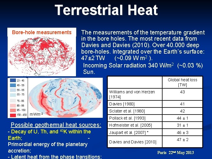 Terrestrial Heat Bore-hole measurements The measurements of the temperature gradient in the bore holes.