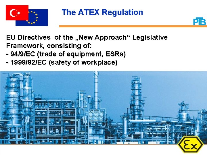 The ATEX Regulation EU Directives of the „New Approach“ Legislative Framework, consisting of: -