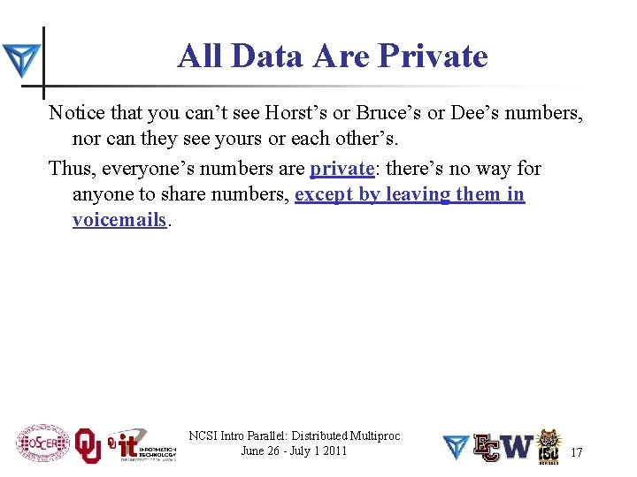 All Data Are Private Notice that you can’t see Horst’s or Bruce’s or Dee’s