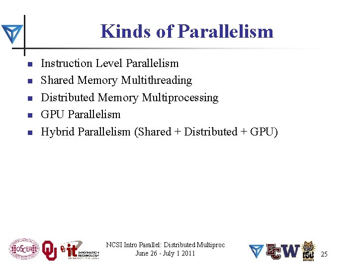 Kinds of Parallelism n n n Instruction Level Parallelism Shared Memory Multithreading Distributed Memory