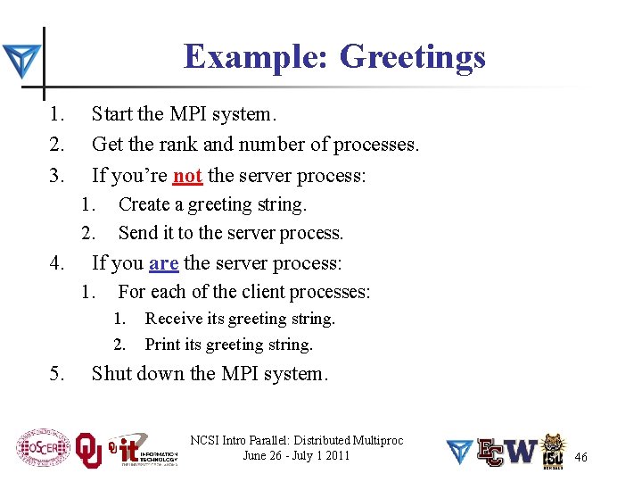 Example: Greetings 1. 2. 3. Start the MPI system. Get the rank and number