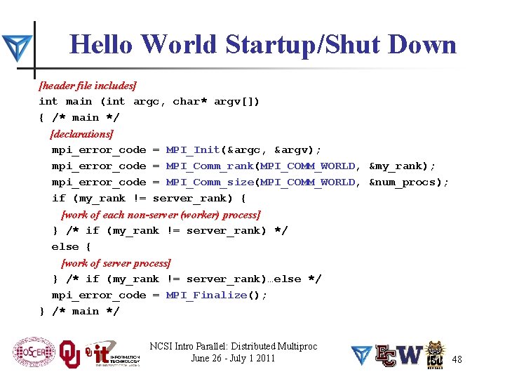 Hello World Startup/Shut Down [header file includes] int main (int argc, char* argv[]) {