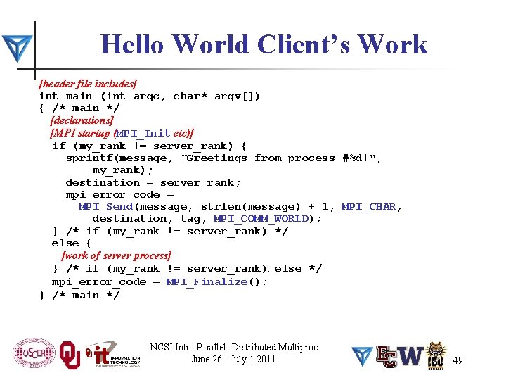 Hello World Client’s Work [header file includes] int main (int argc, char* argv[]) {