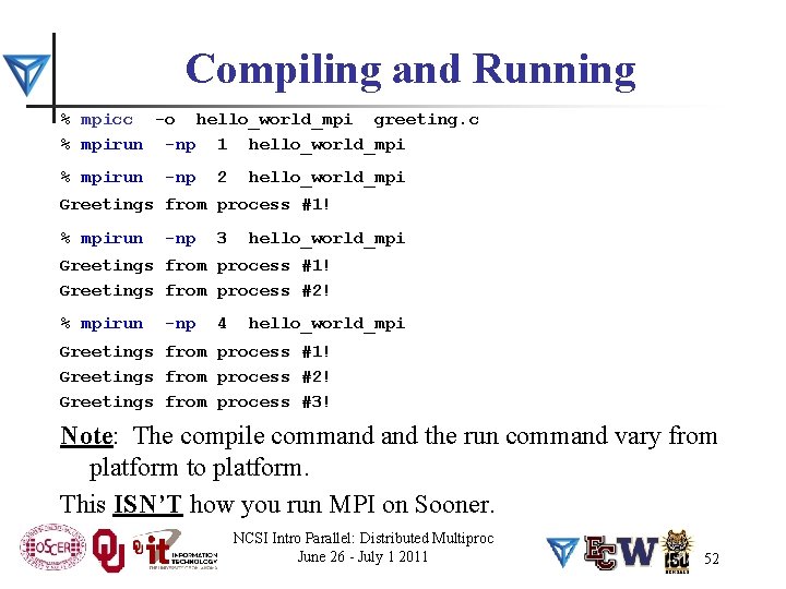 Compiling and Running % mpicc -o hello_world_mpi greeting. c % mpirun -np 1 hello_world_mpi