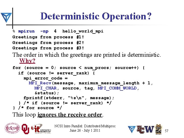 Deterministic Operation? % mpirun Greetings -np from 4 hello_world_mpi process #1! process #2! process