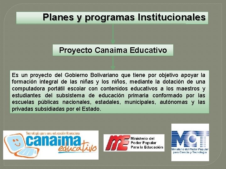 Planes y programas Institucionales Proyecto Canaima Educativo Es un proyecto del Gobierno Bolivariano que