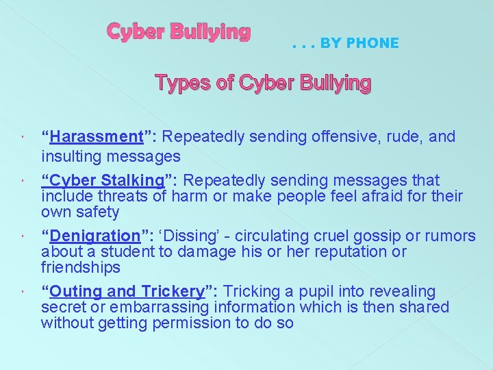 . . . BY PHONE Types of Cyber Bullying “Harassment”: Repeatedly sending offensive, rude,