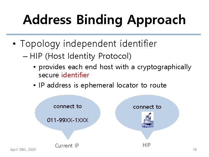 Address Binding Approach • Topology independent identifier – HIP (Host Identity Protocol) • provides