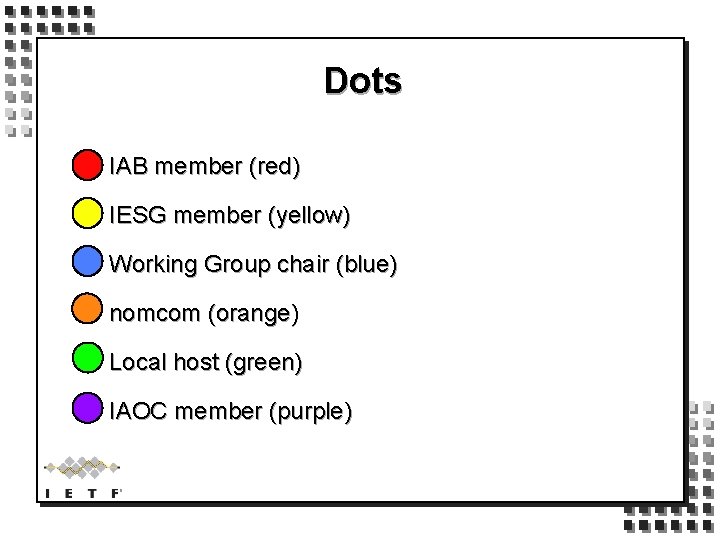 Dots IAB member (red) IESG member (yellow) Working Group chair (blue) nomcom (orange) Local