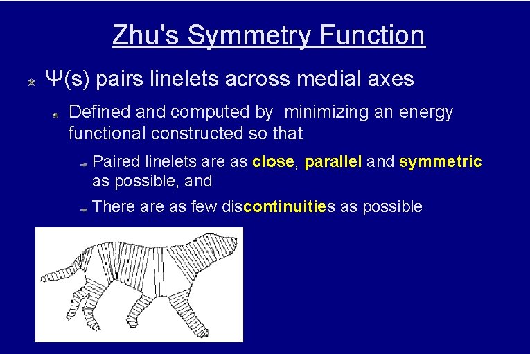 Zhu's Symmetry Function Ψ(s) pairs linelets across medial axes Defined and computed by minimizing