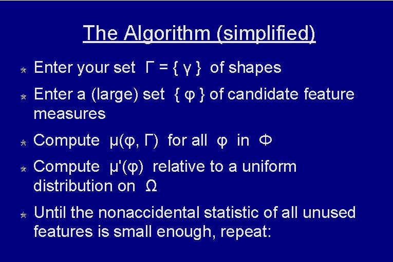 The Algorithm (simplified) Enter your set Γ = { γ } of shapes Enter