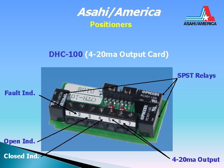 Asahi/America Positioners DHC-100 (4 -20 ma Output Card) SPST Relays Fault Ind. Open Ind.