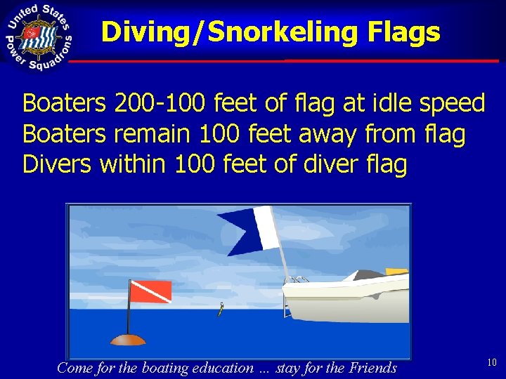 Diving/Snorkeling Flags Boaters 200 -100 feet of flag at idle speed Boaters remain 100