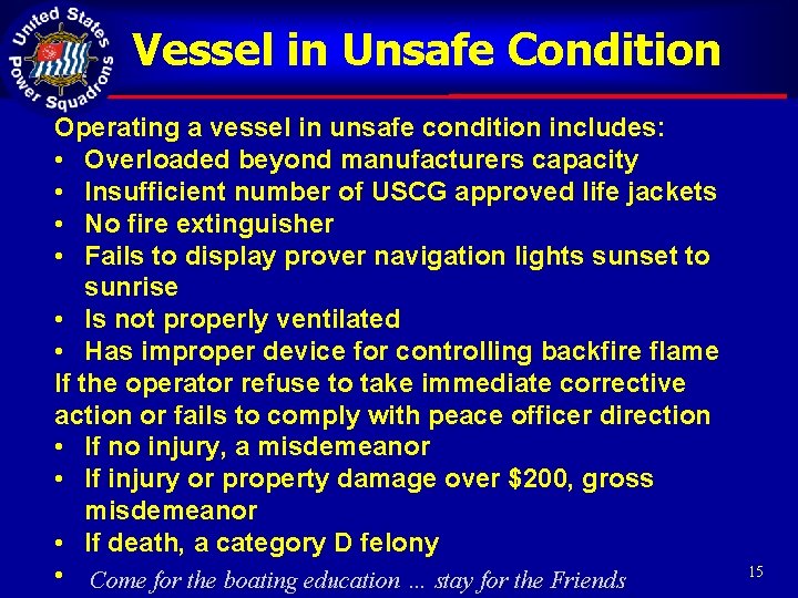 Vessel in Unsafe Condition Operating a vessel in unsafe condition includes: • Overloaded beyond