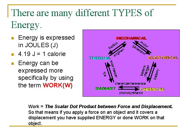 There are many different TYPES of Energy. n n n Energy is expressed in