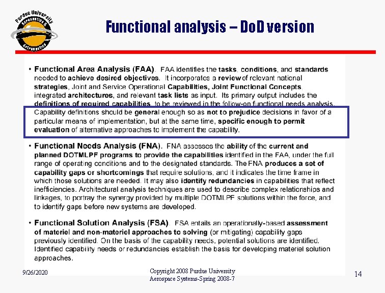 Functional analysis – Do. D version 9/26/2020 Copyright 2008 Purdue University Aerospace Systems-Spring 2008