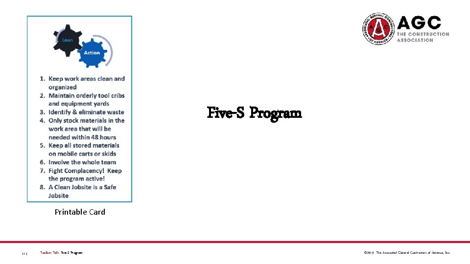 Five-S Program Printable Card 11 | Toolbox Talk: Five-S Program © 2019 The Associated