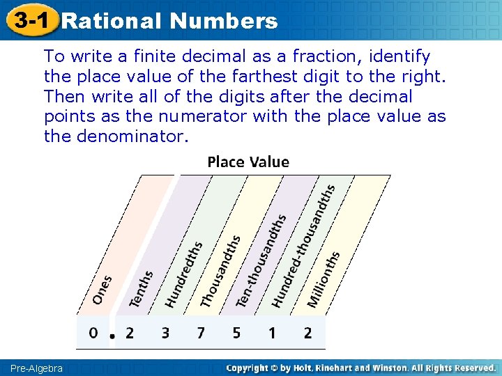 3 -1 Rational Numbers To write a finite decimal as a fraction, identify the